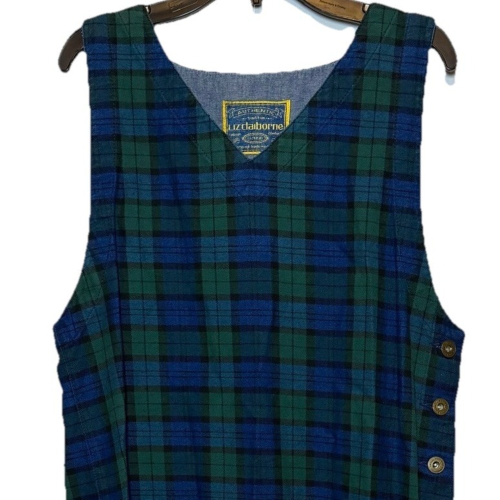 Vintage Liz Claiborne Tartan Plaid Blue Green Jumper Sleeveless Dress Sz 2P 90s
